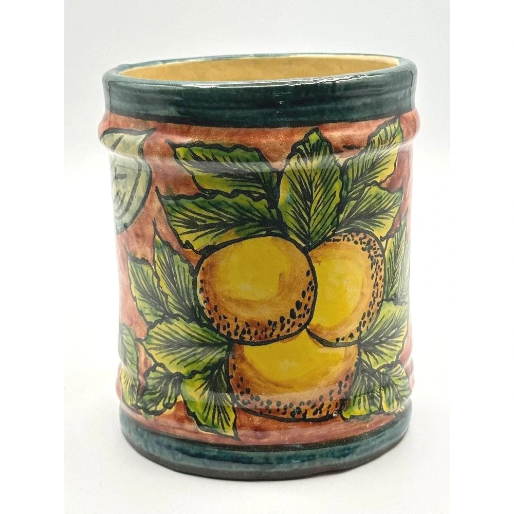 Mexican Ceramic Canister Hand Painted Fruit Leaf Pottery Jar 6in Vintage